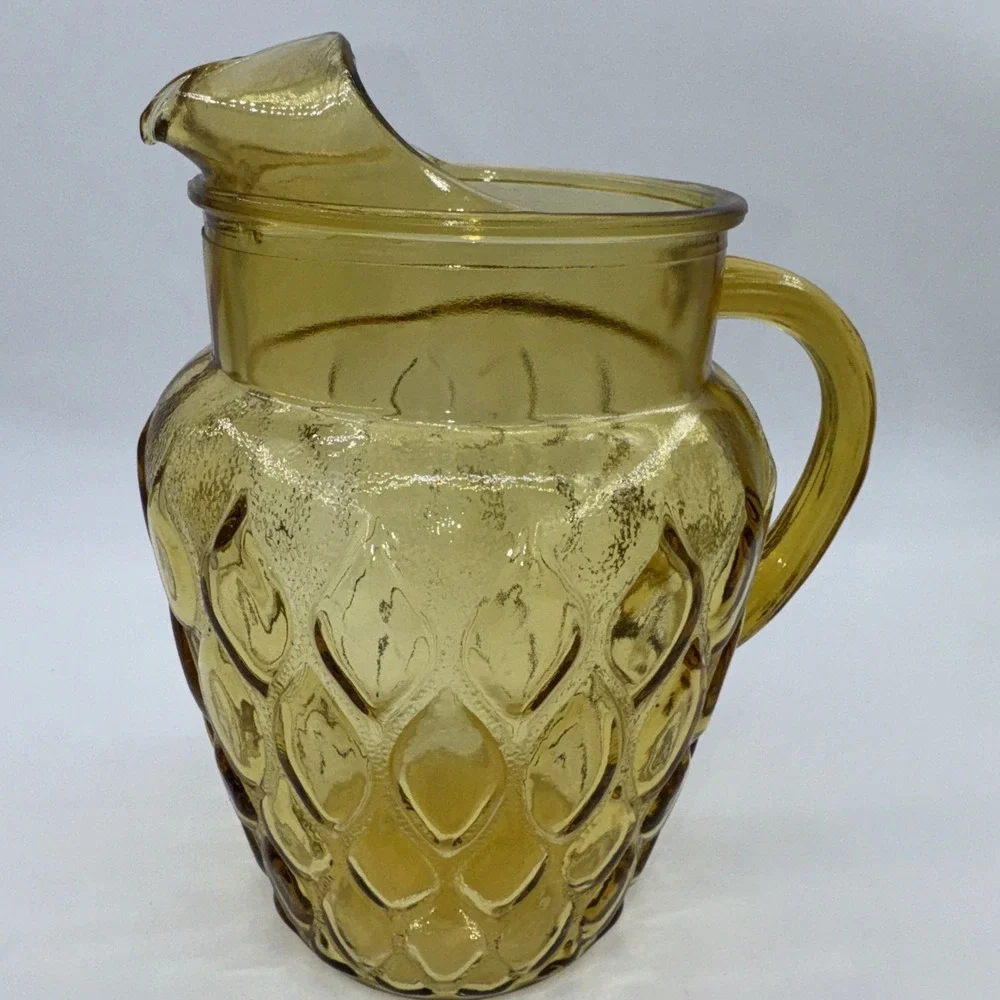 Glass Pitcher w/Ice Lip Anchor Hocking Madrid Amber‎ Honey Gold 78 oz Diamond